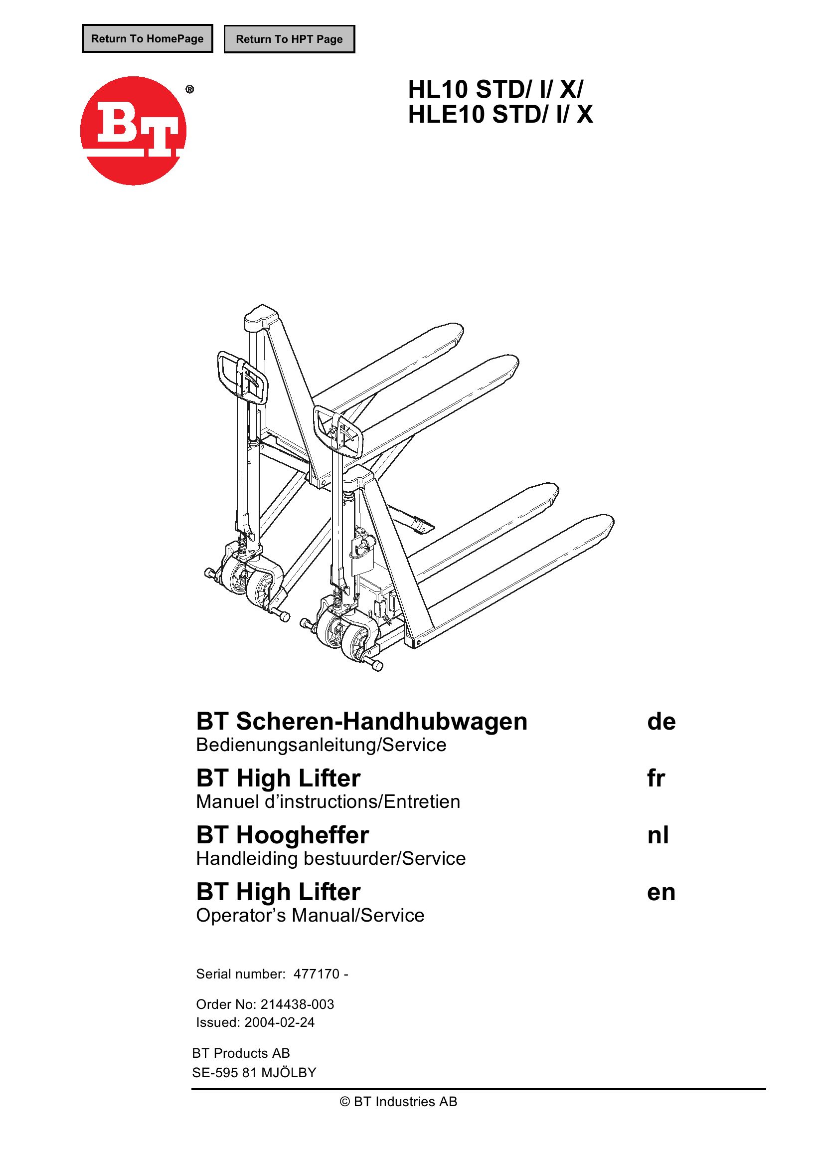 BT Forklift HL10 HLE10 STD I X Operators and Service Manual EN DE FR NL