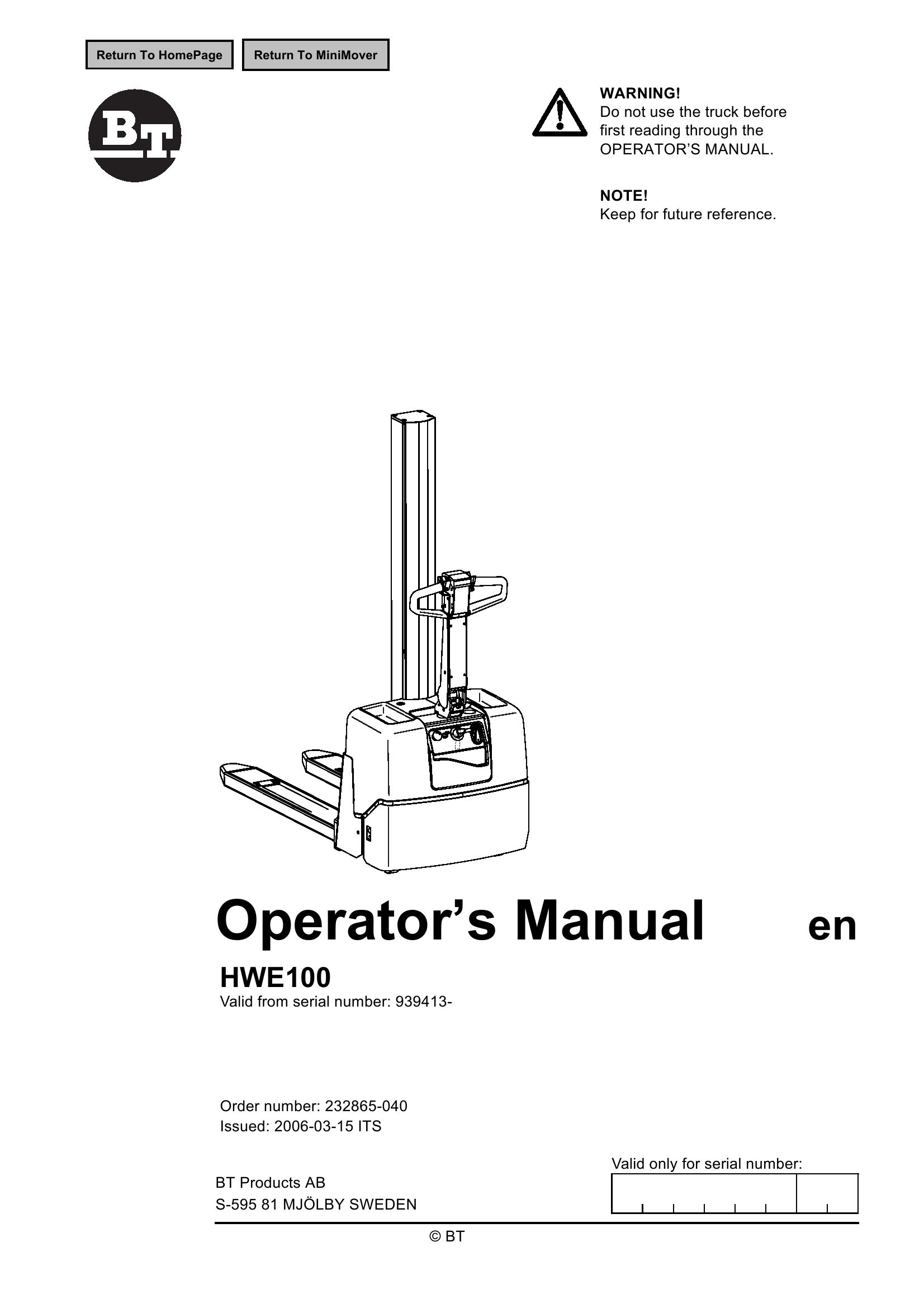 BT Forklift HWE100 Operators Manual