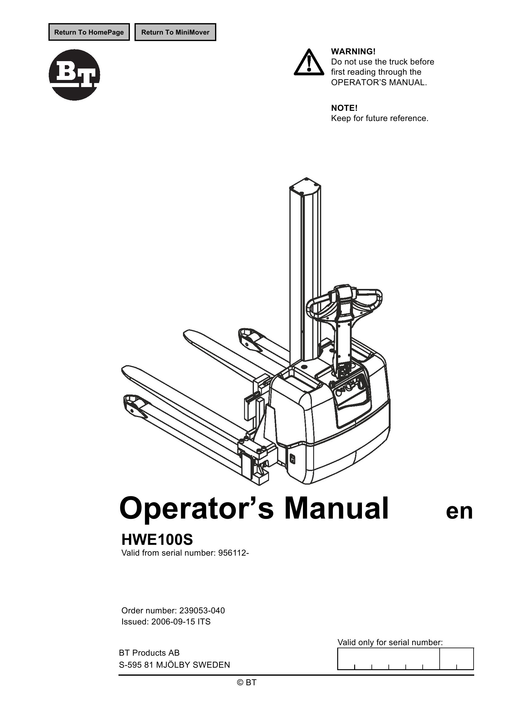 BT Forklift HWE100S Operators Manual