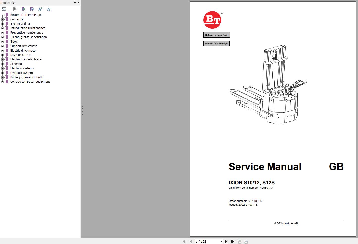 BT Forklift IXION S10 S12 S12S Service Manual