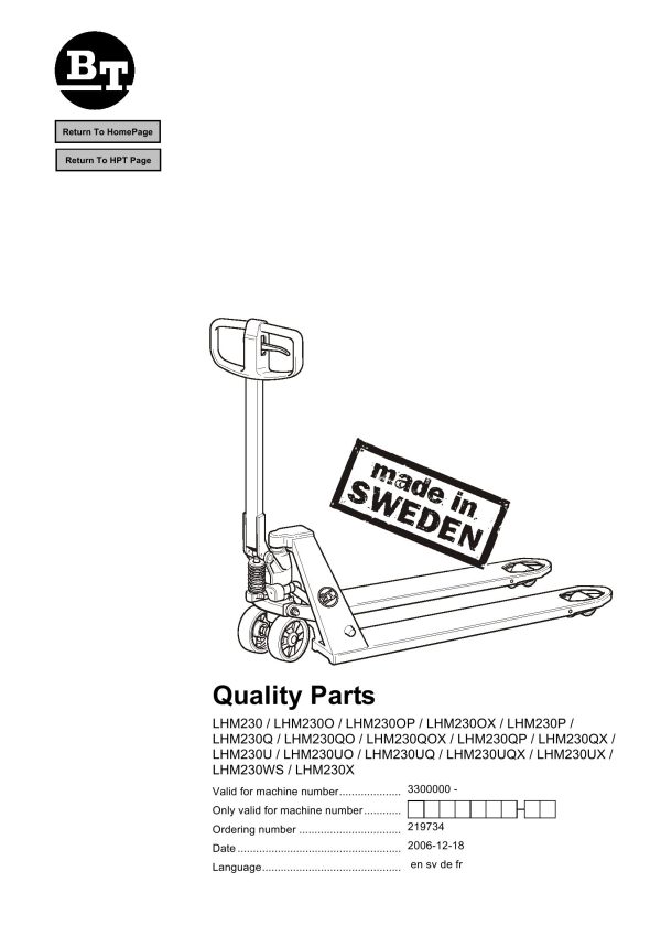 BT Forklift LHM230 Parts Catalog EN SV DE FR