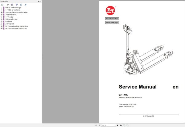 BT Forklift LHT100 Service Manual