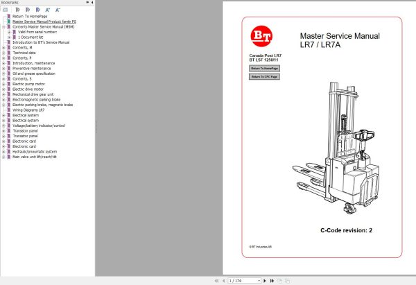 BT Forklift LR7 LR7A Master Service Manual