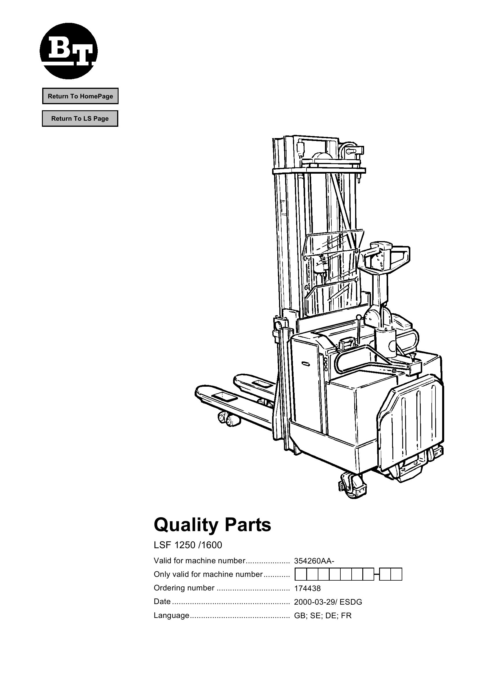 BT Forklift LSF1250 LSF1600 Parts Catalog