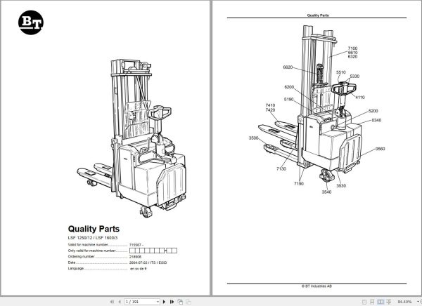BT Forklift LSF1250 12 LSF1600 3 Quality Parts EN SV DE FR
