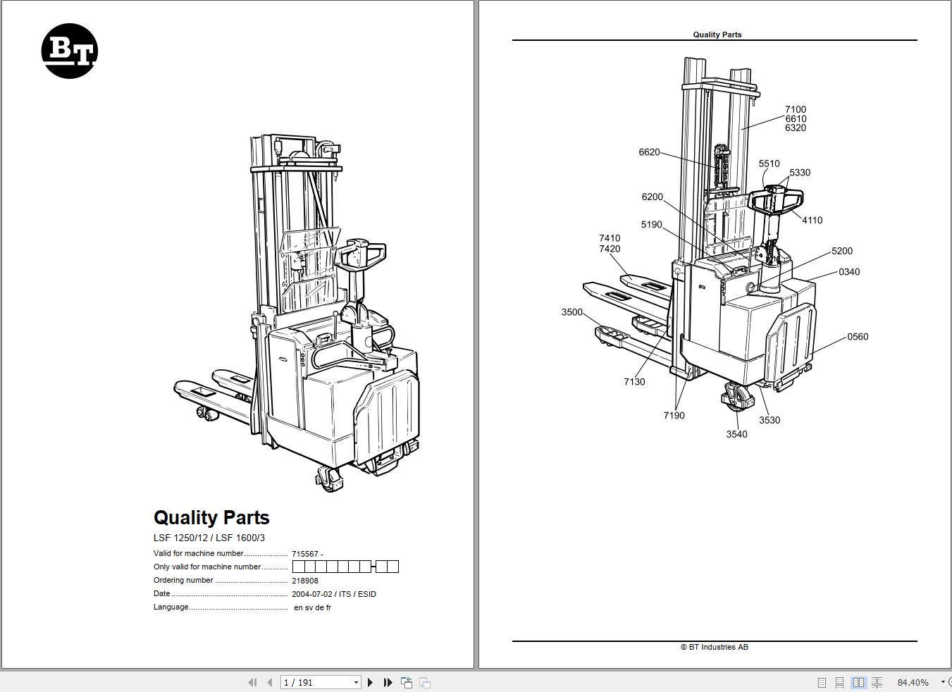 BT Forklift LSF1250 12 LSF1600 3 Quality Parts EN SV DE FR