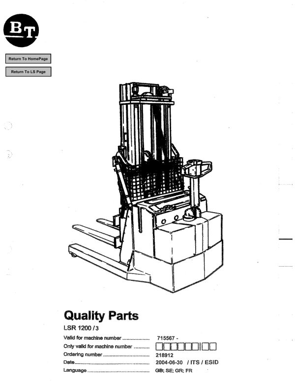 BT Forklift LSR1200 3 Parts Catalog