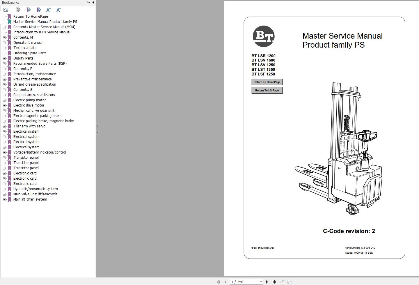 BT Forklift LSR1200LSV1250 LSV1600LST1350LSF1250 Master Service Manual