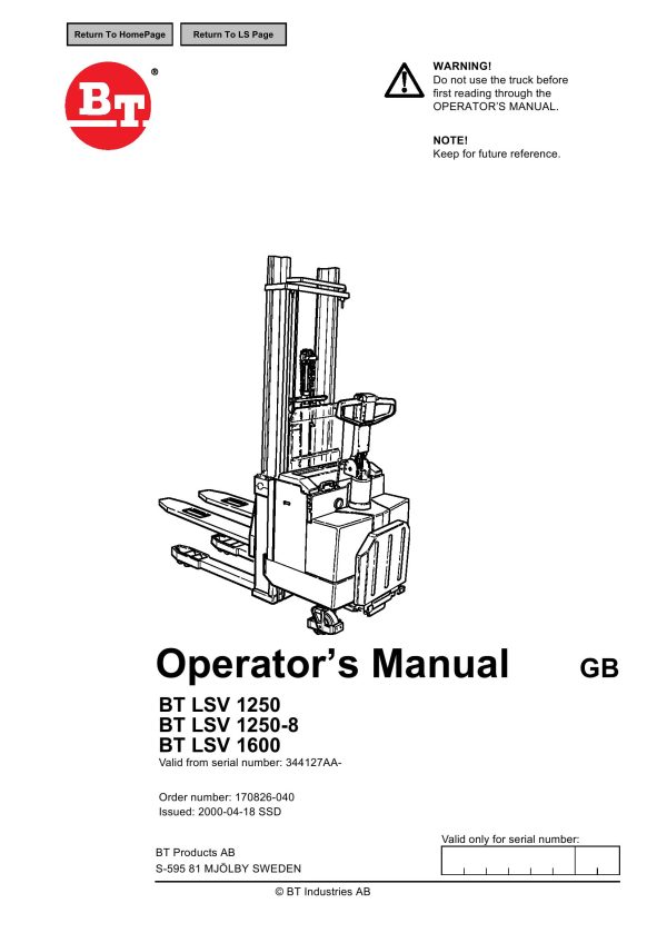 BT Forklift LSV1250 LSV1250 8 LSV1600 Operators Manual
