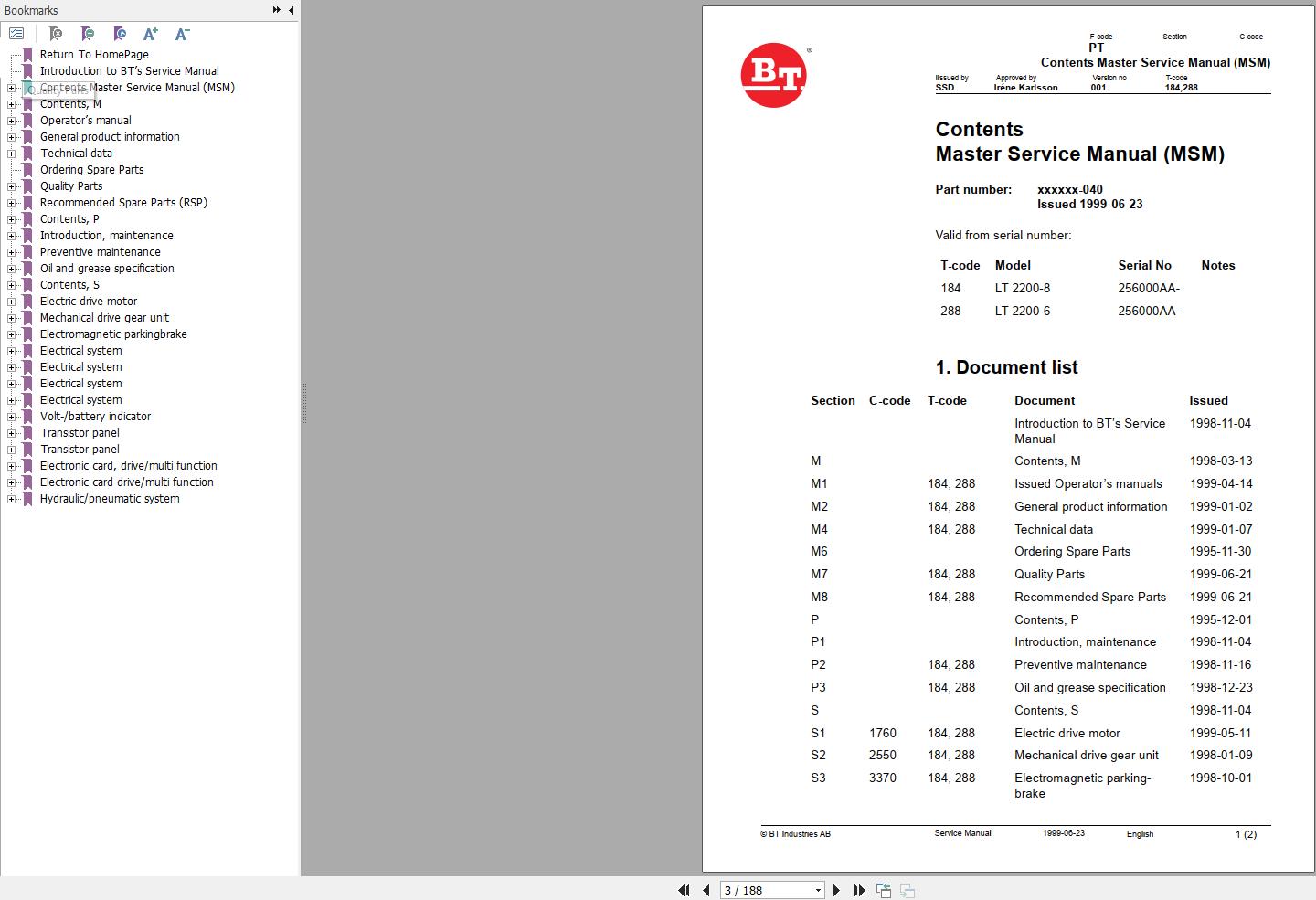 BT Forklift LT2200 8 LT2200 6 Service Manual