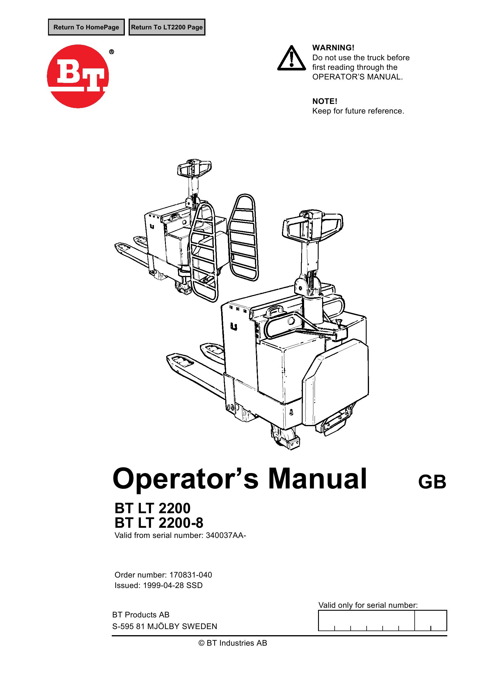BT Forklift LT2200 LT2200 8 Operators Manual