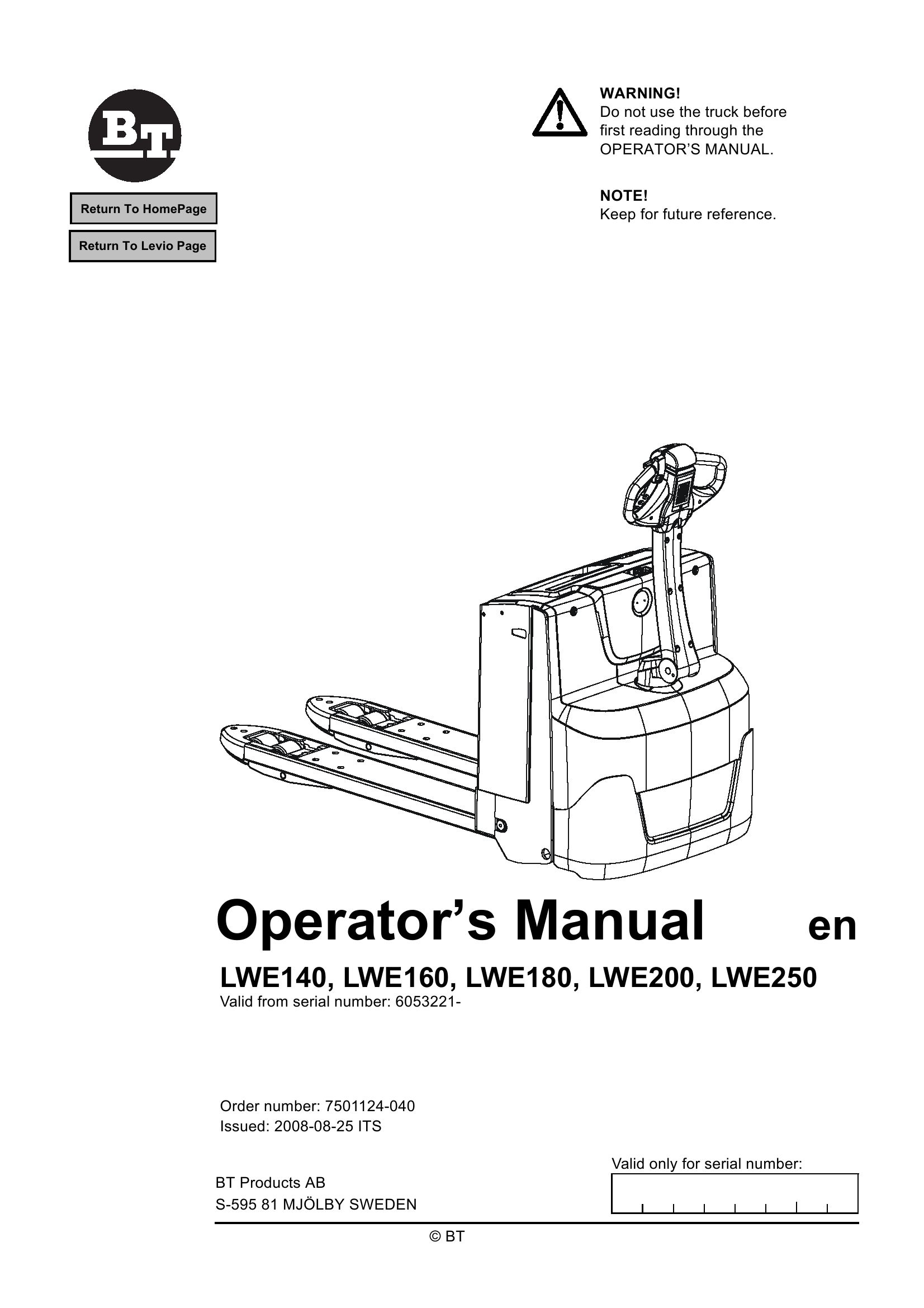 BT Forklift LWE140 LWE160 LWE180 LWE200 LWE250 Operators Manual