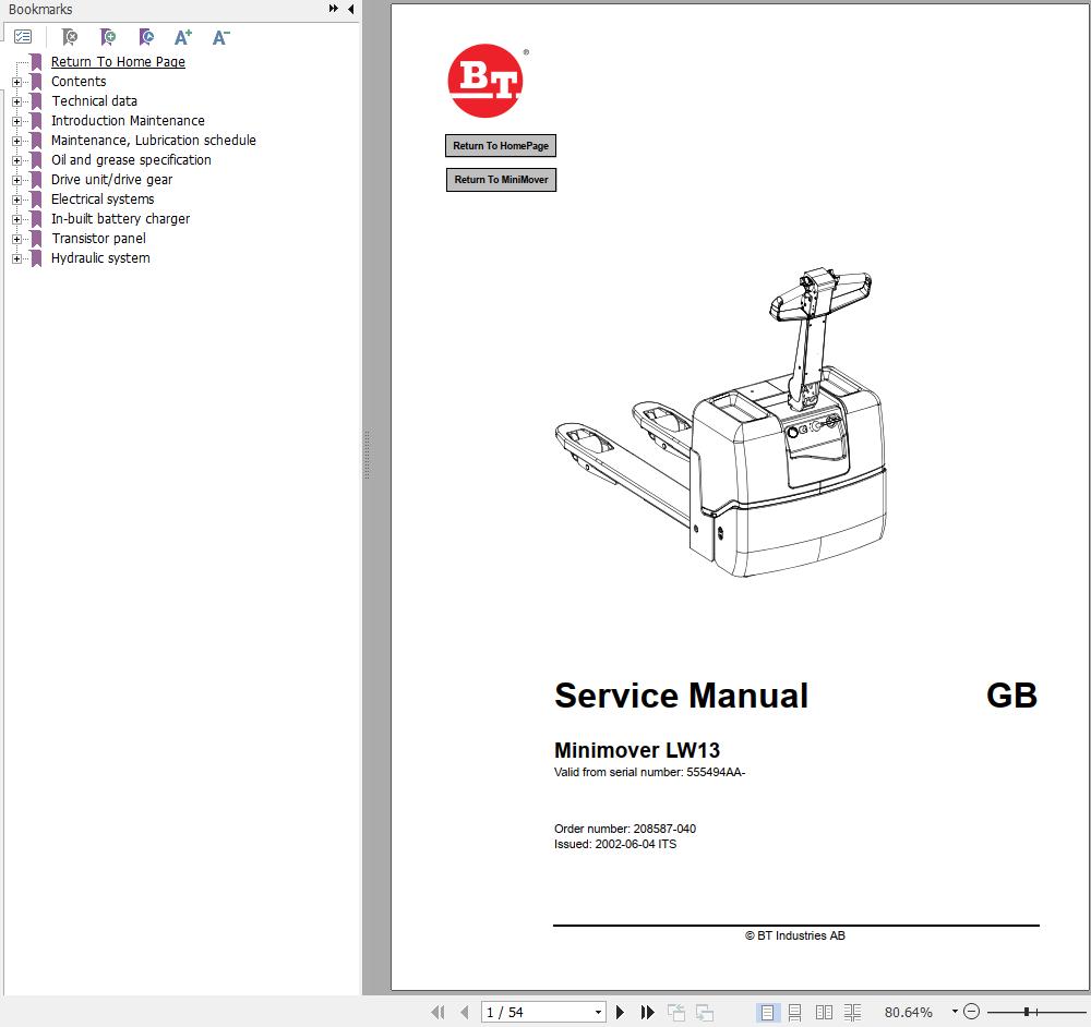 BT Forklift Minimover LW13 Service Manual