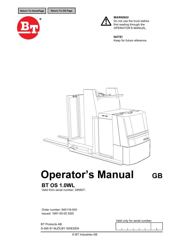 BT Forklift OS 1.0WL Operators Manual