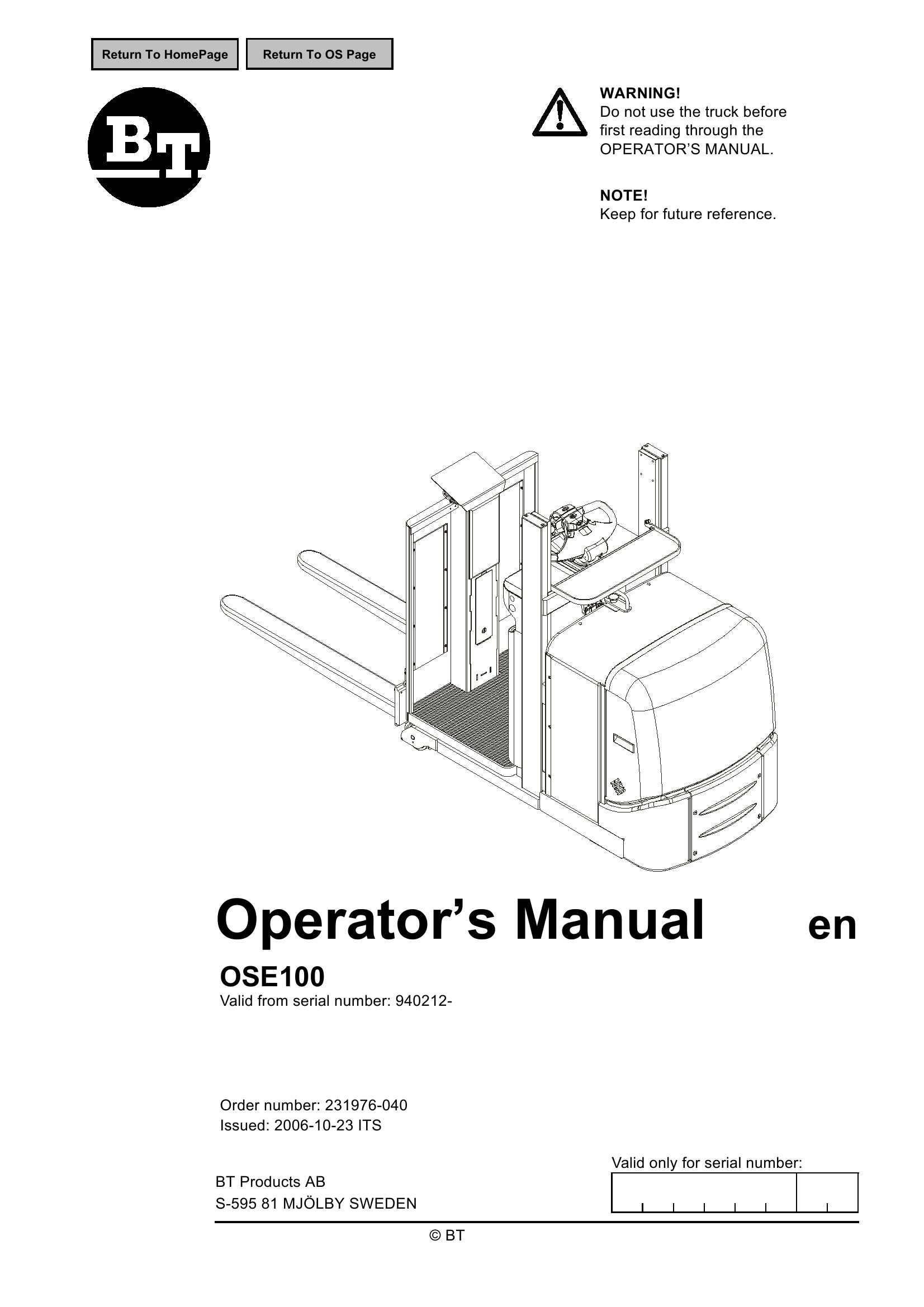BT Forklift OSE100 Operators Manual