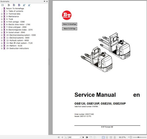 BT Forklift OSE120 OSE120P OSE250 OSE250P Service Manual