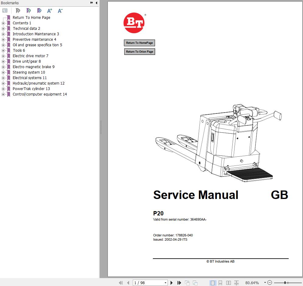 BT Forklift P20 Service Manual