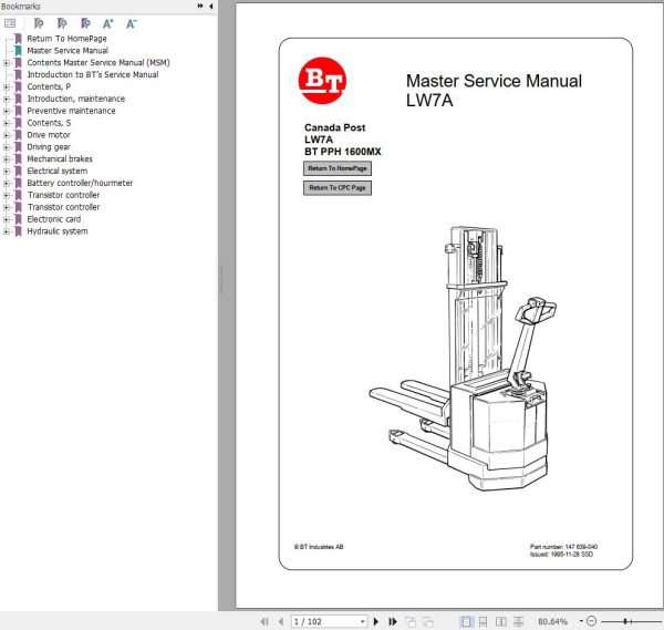 BT Forklift PPH1600MX Master Service Manual