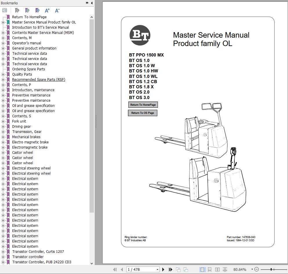 BT Forklift PPO1500 MX BTOS 1.0 to BTOS 3.0 Master Service Manual