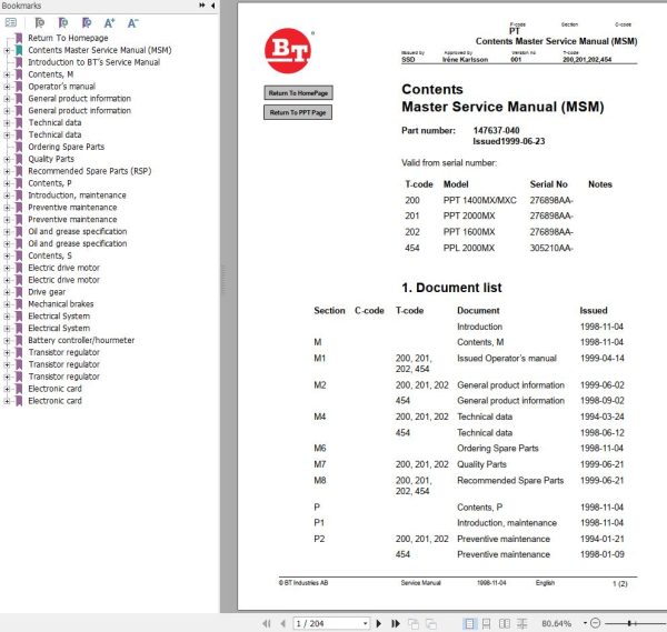 BT Forklift PPT1400MX MXC PPT2000MX PPT1600MX PPL2000MX Master Service Manual
