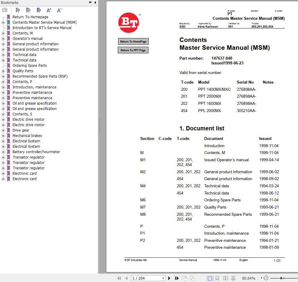 BT Forklift PPT1400MX MXC PPT2000MX PPT1600MX PPL2000MX Master Service Manual