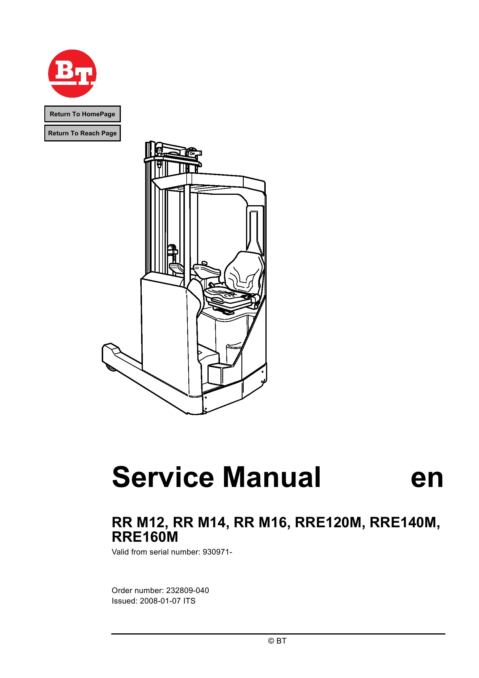 BT Forklift RR M12 M14 M16 RRE 120M 140M 160M Service Manual