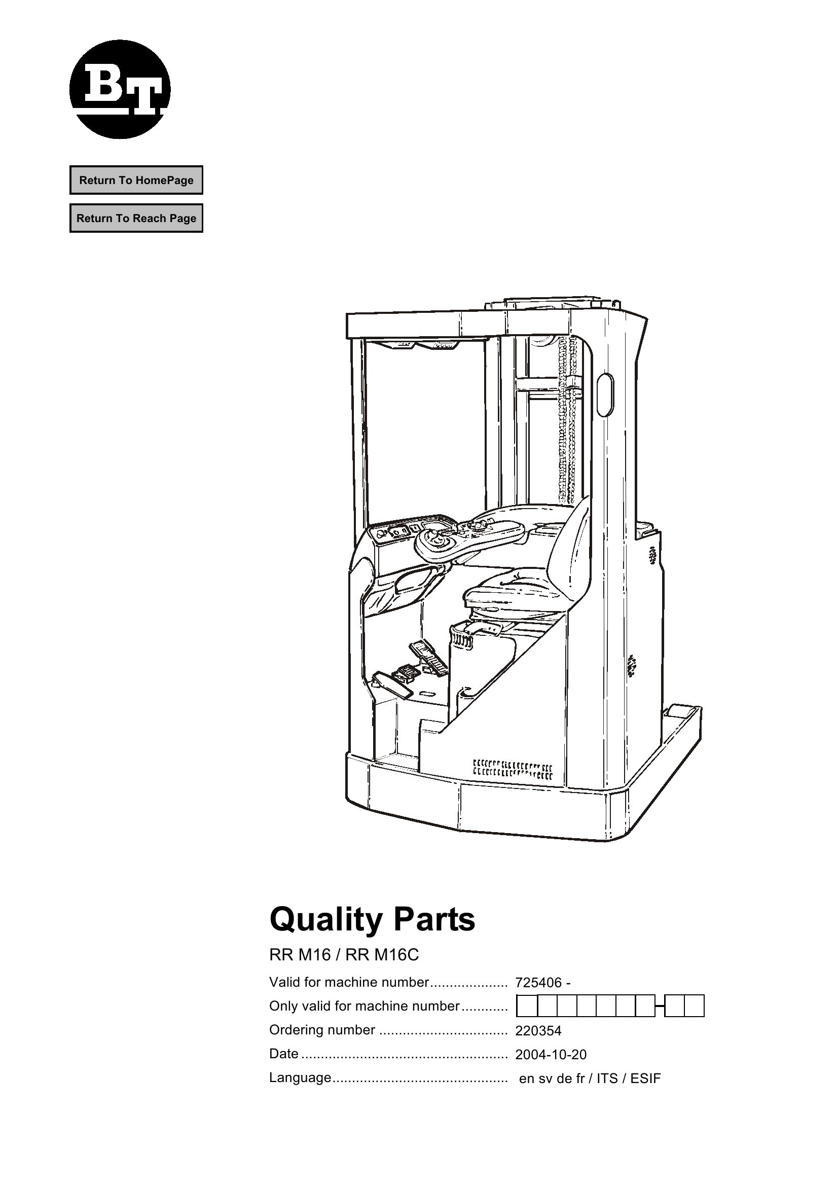 BT Forklift RR M16 RR M16C Parts Catalog