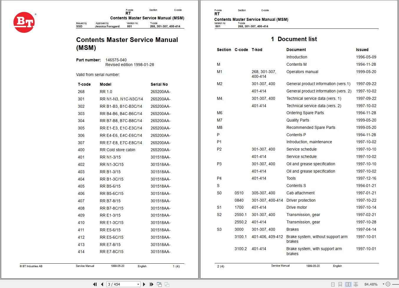 BT Forklift RR1.0 to RRE7 8C 15 Master Service Manual