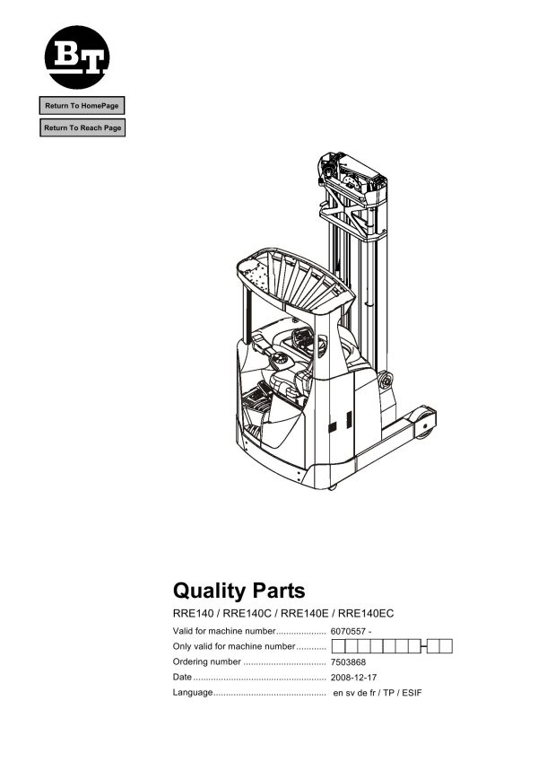 BT Forklift RRE140 RRE140C RRE140E RRE140EC Parts Catalog