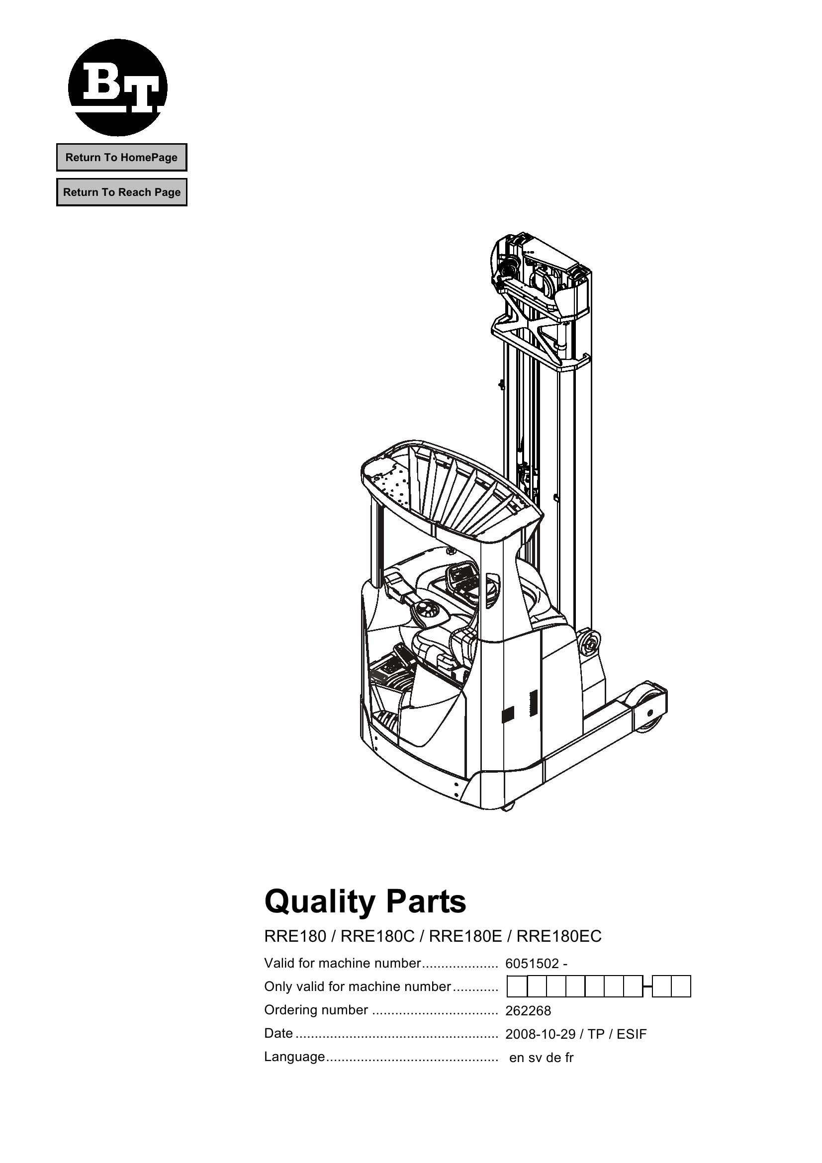 BT Forklift RRE180 RRE180C RRE180E RRE180EC Parts Catalog