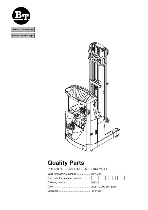 BT Forklift RRE250 RRE250C RRE250E RRE250EC Parts Catalog