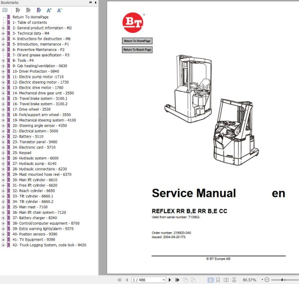BT Forklift Reflex RRB ERRB ECC Service Manual