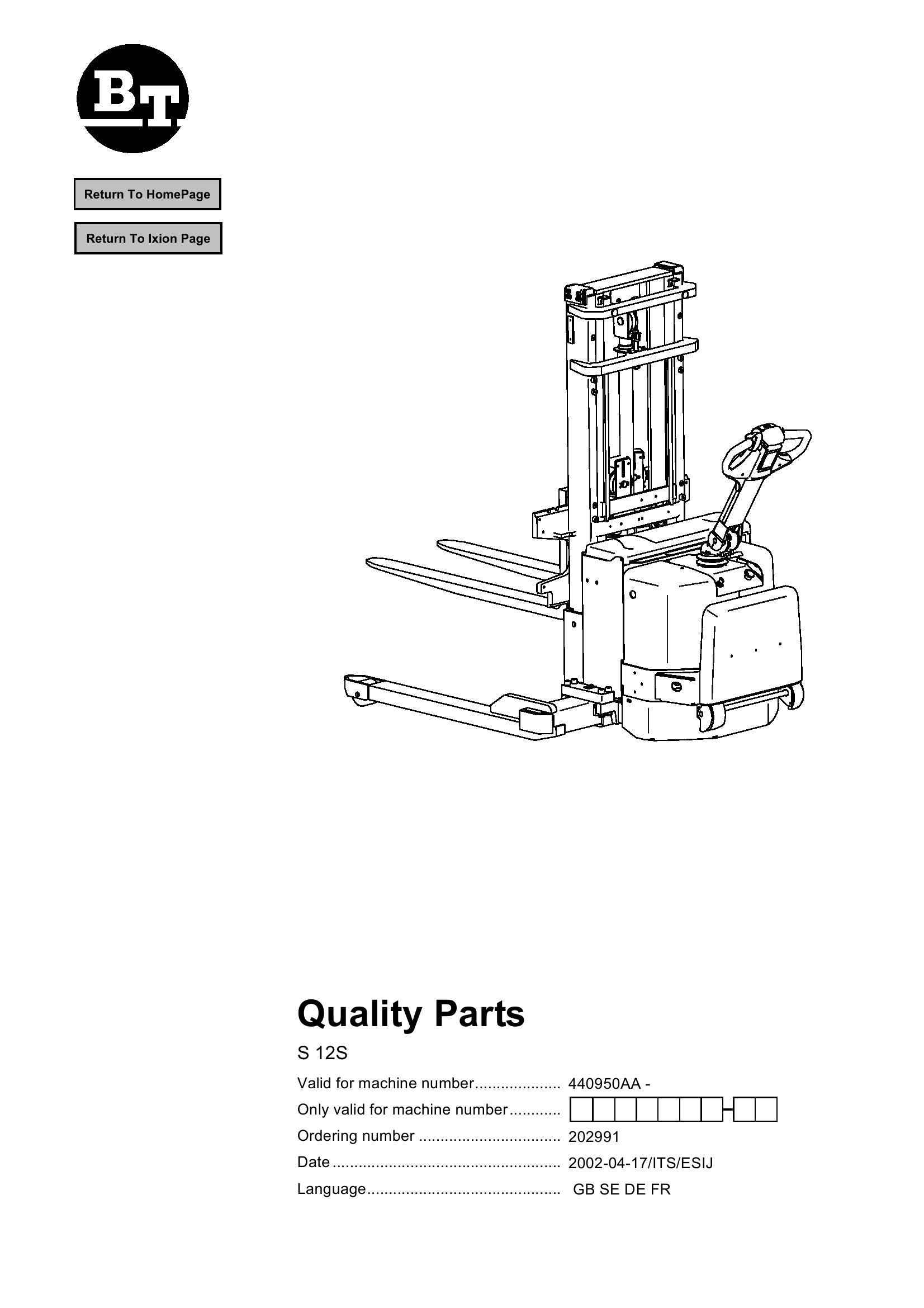 BT Forklift S 12S Parts Catalog