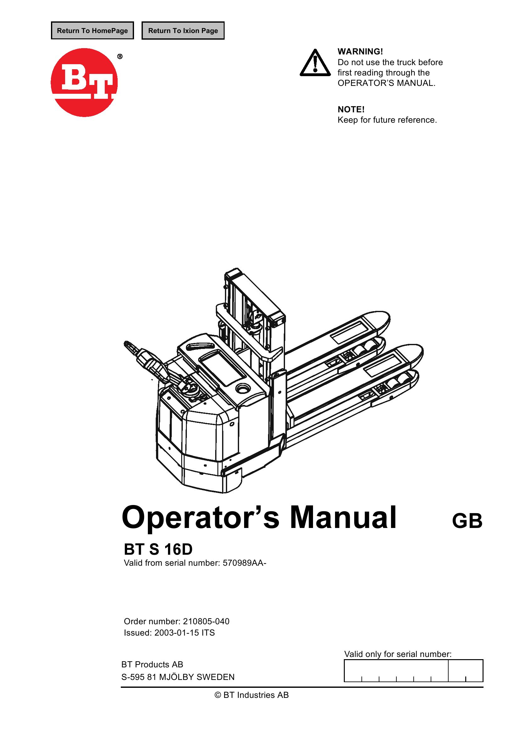 BT Forklift S 16D Operators Manual