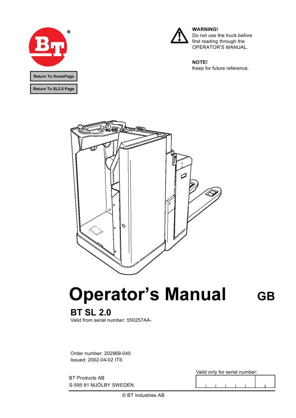 BT Forklift SL 2.0 Operators Manual