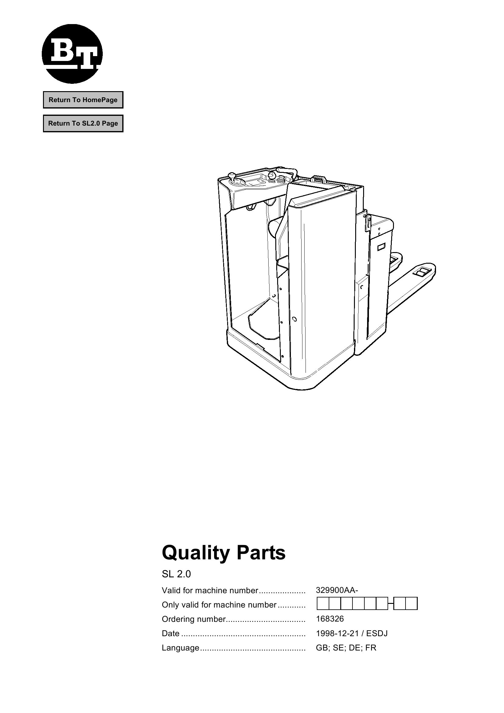 BT Forklift SL 2.0 Parts Catalog