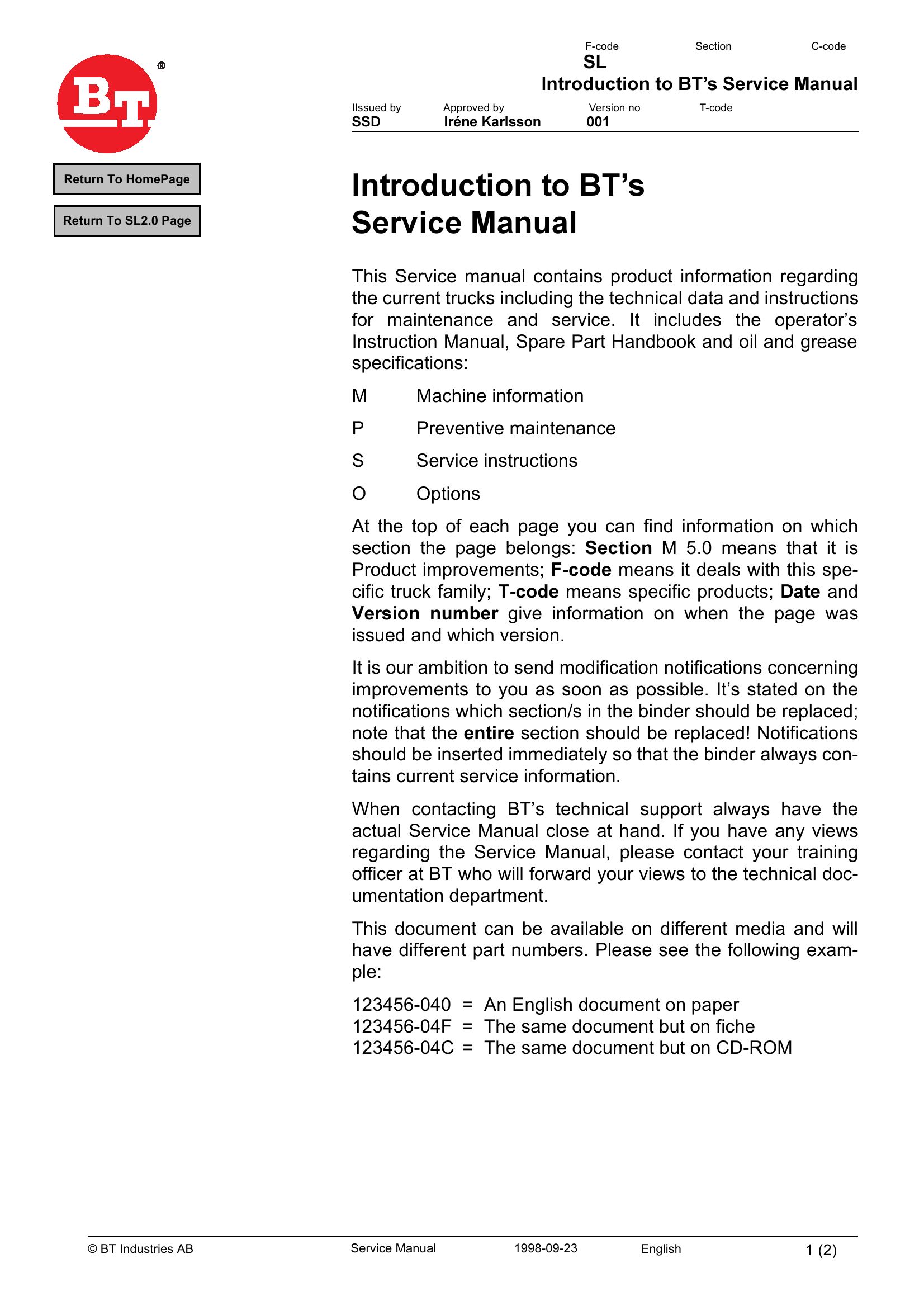 BT Forklift SL 2.0 Service Manual