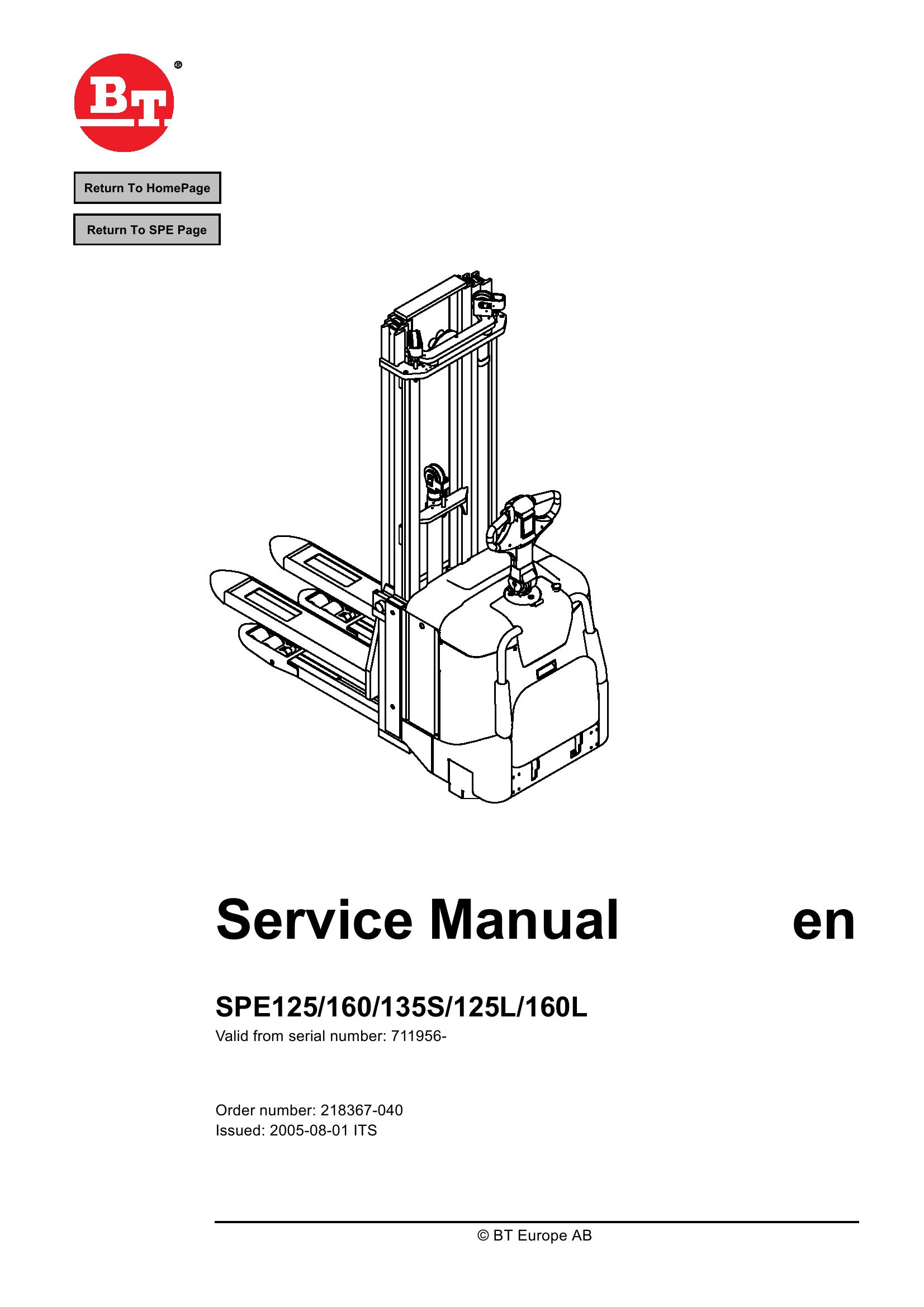 BT Forklift SPE125 to SPE160L Service Manual