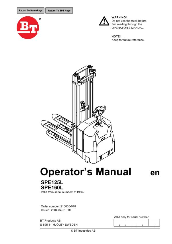 BT Forklift SPE125L SPE160L Operators Manual