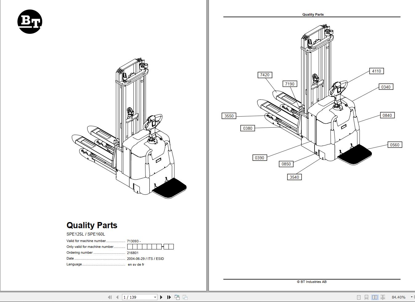 BT Forklift SPE125L SPE160L Quality Parts EN SV DE FR