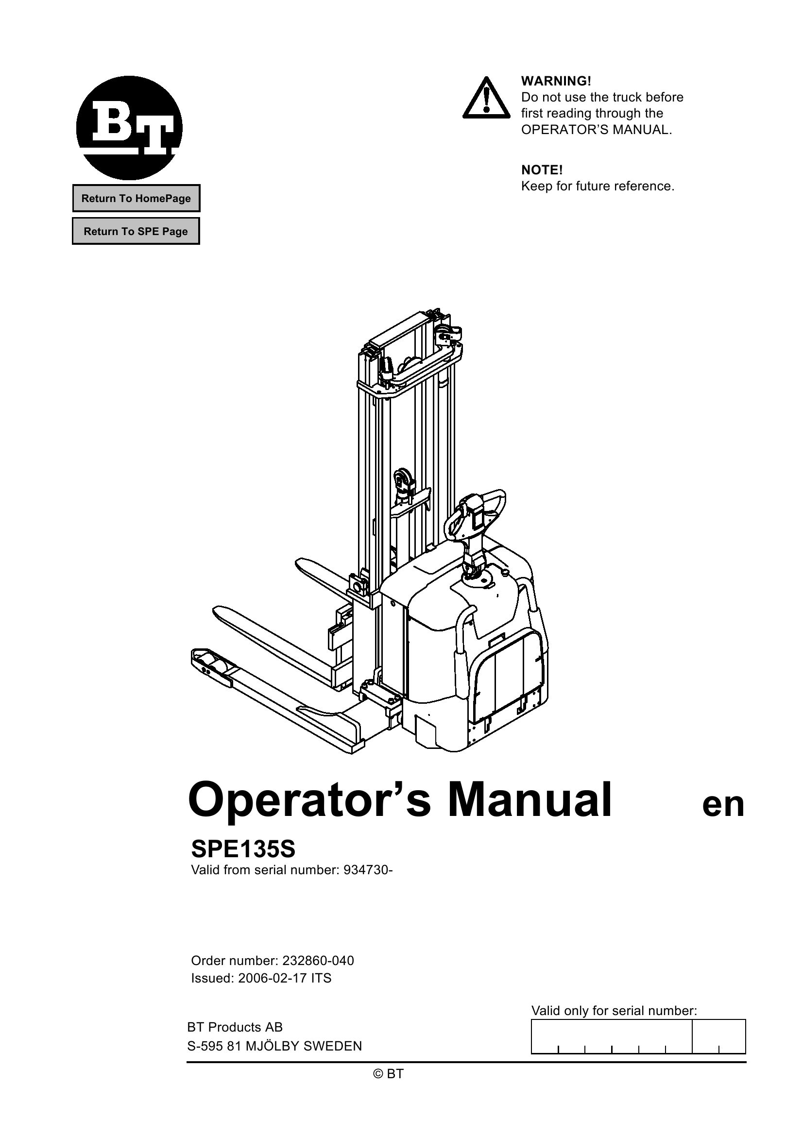 BT Forklift SPE135S Operators Manual