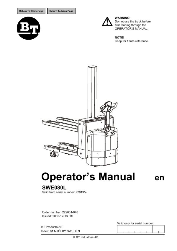 BT Forklift SWE080L Operators Manual