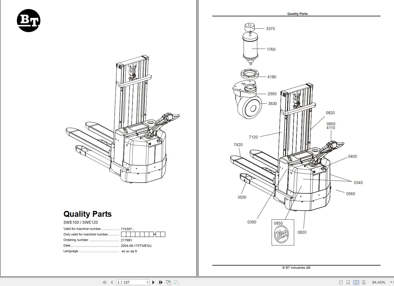 BT Forklift SWE100 SWE120 Quality Parts EN SV DE FR