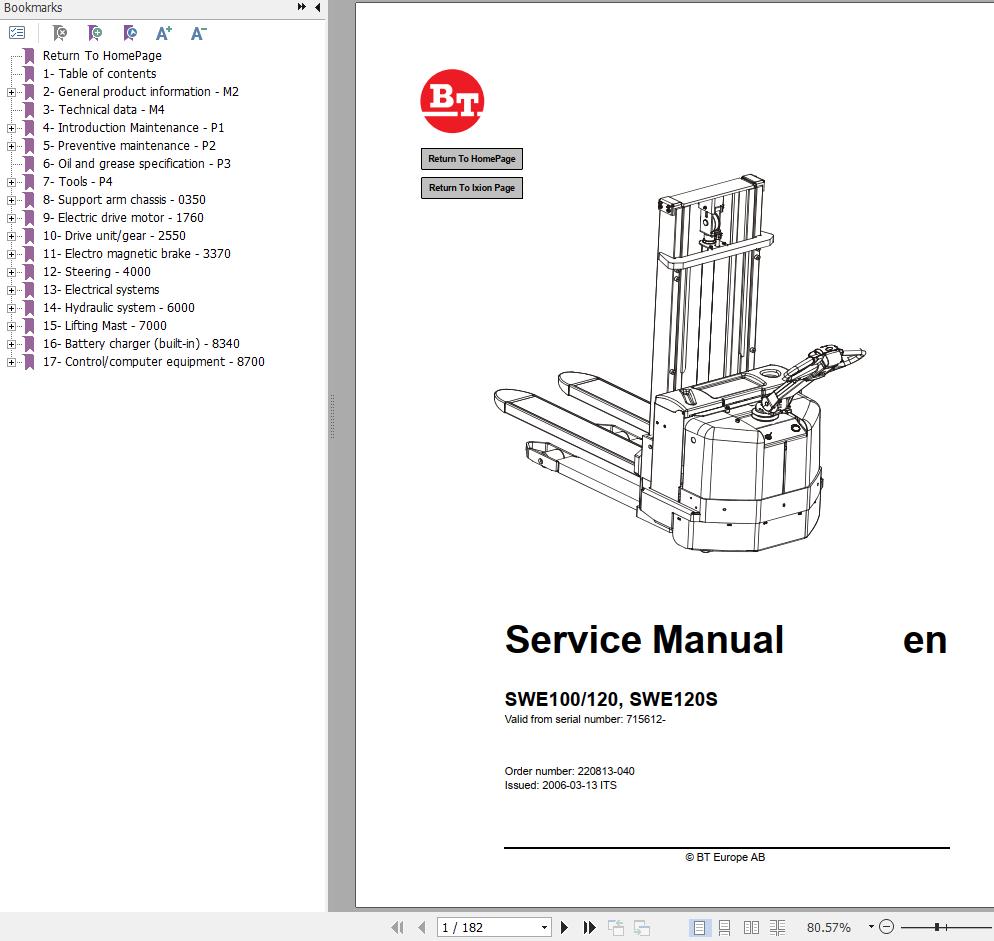 BT Forklift SWE100 SWE120 SWE120S Service Manual