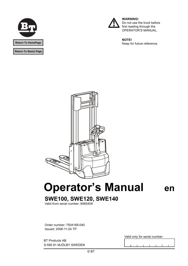 BT Forklift SWE100 SWE120 SWE140 Operators Manual