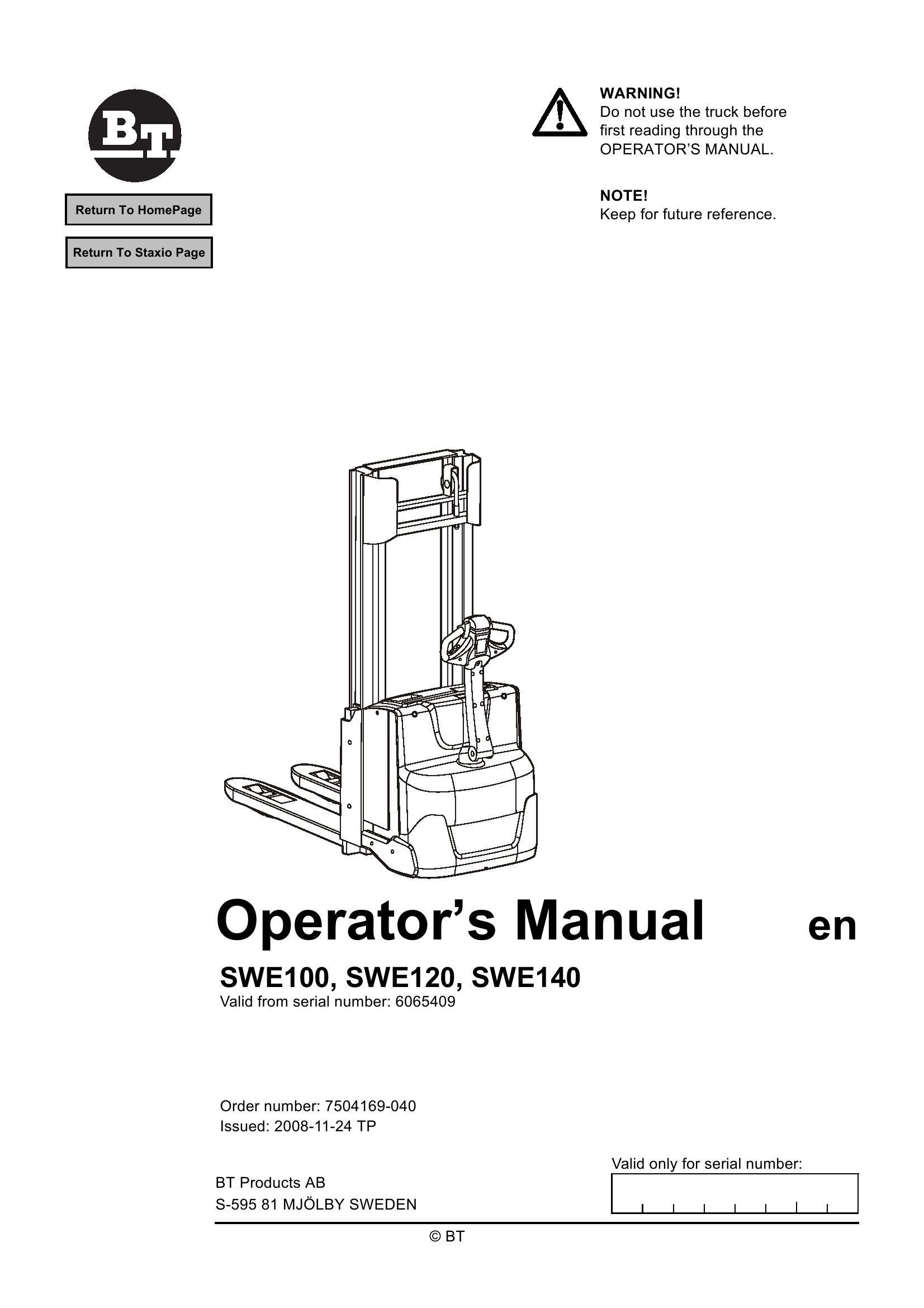 BT Forklift SWE100 SWE120 SWE140 Operators Manual