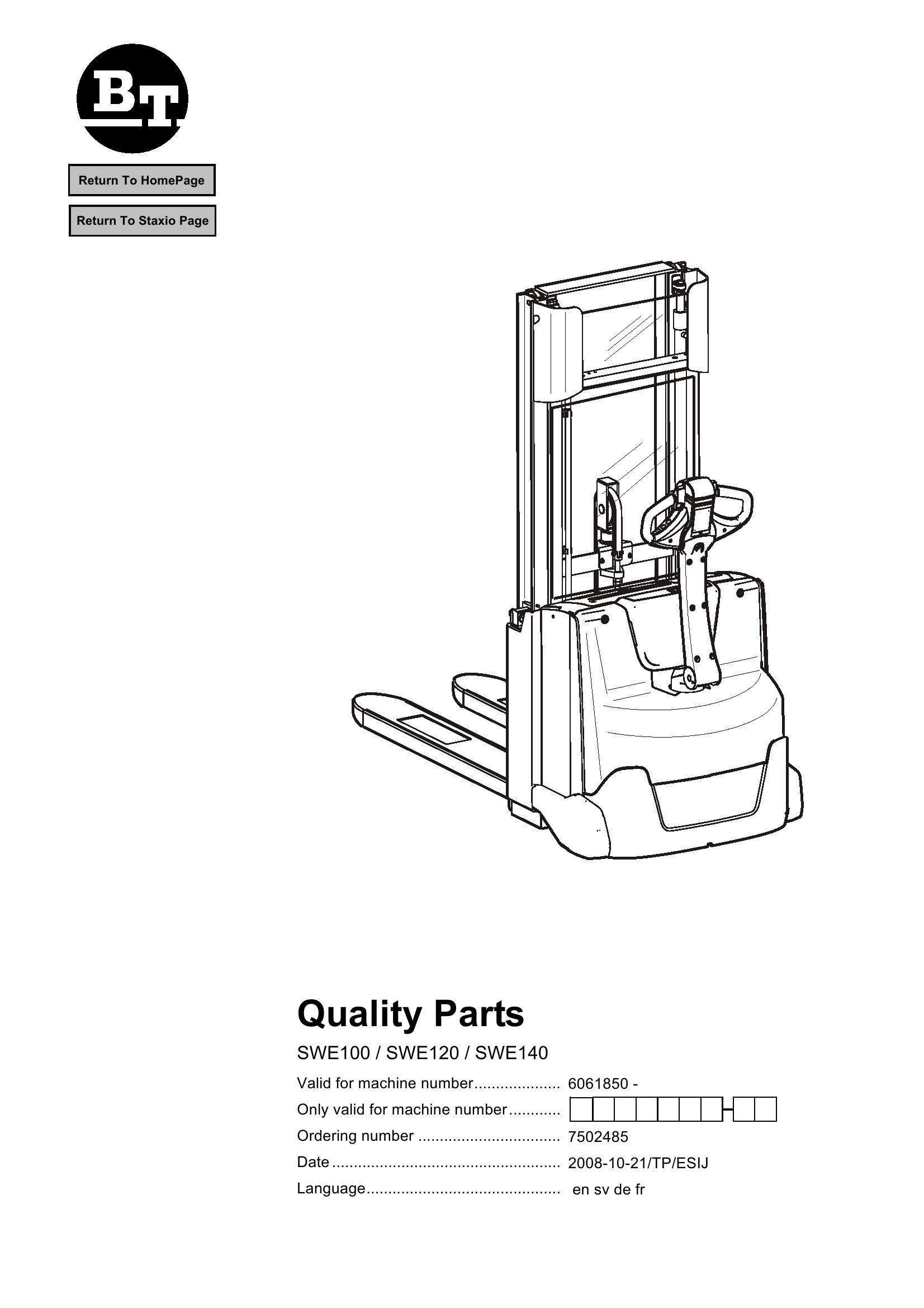 BT Forklift SWE100 SWE120 SWE140 Parts Catalog