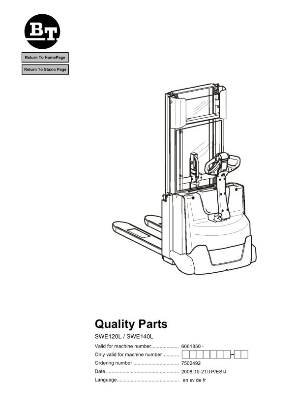 BT Forklift SWE120L SWE140L Parts Catalog