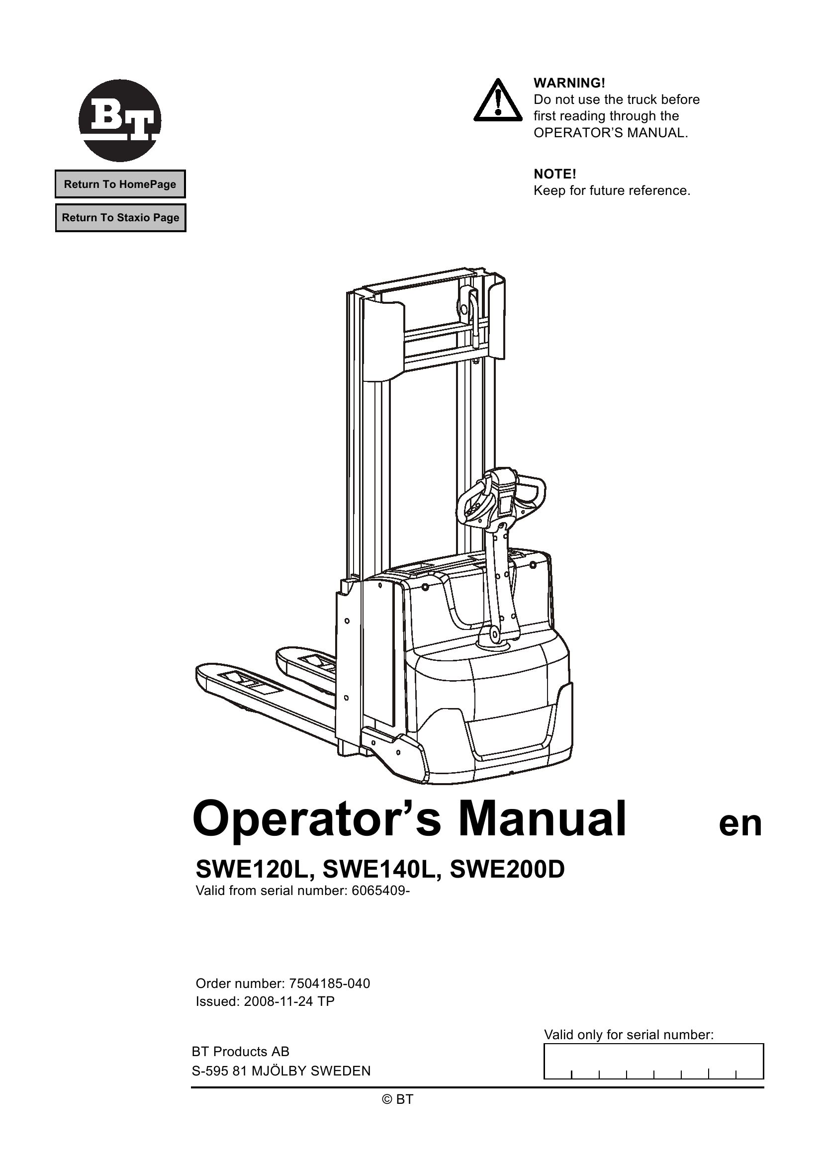 BT Forklift SWE120L SWE140L SWE200D Operators Manual