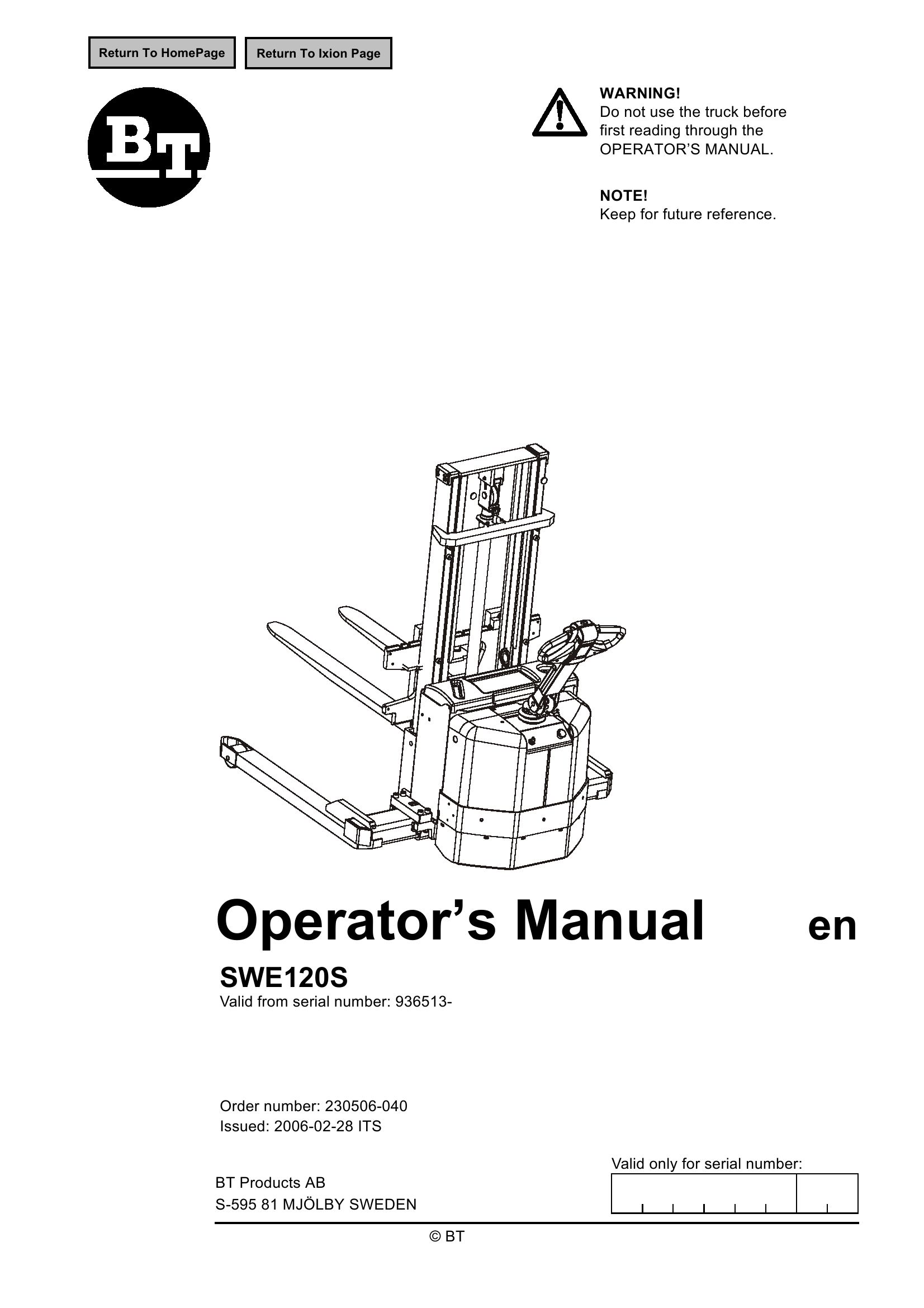 BT Forklift SWE120S Operators Manual